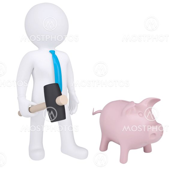 3d white man with hammer next to the piggy bank