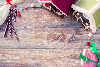 closeup of beautiful gingerbread houses at home