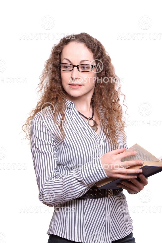 Woman reading old book isolated on white