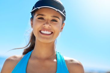 Happy, portrait and fitness for woman, sky and joy for...