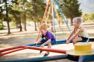 Fun, playground and smile with kids in park for growth,...