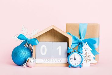 1 january. Christmas composition on colored background...