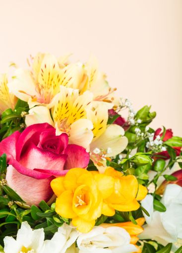 Colorful floral bouquet featuring roses and freesia...