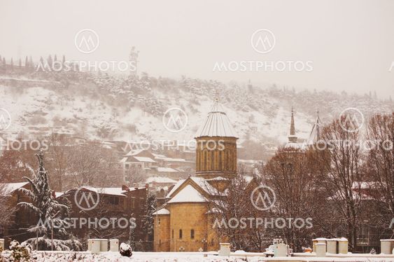 Winter view to covered with snow Tbilisi Old town in...