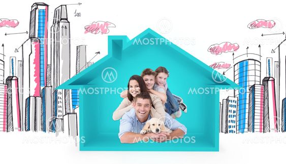 Composite image of happy family lying on top of each...