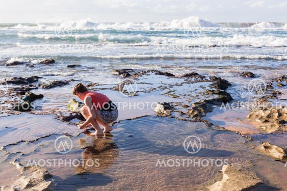 Girl Exploring Beach Ocean Reefs