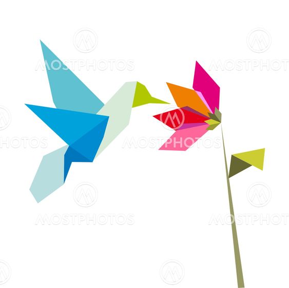 Origami flower and hummingbird on white