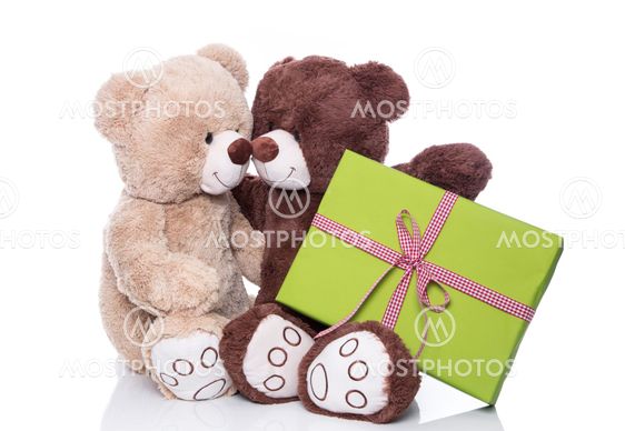 Christmas: Two isolated teddy bears in love holding a green present