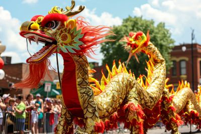 Golden dragon procession in daylight