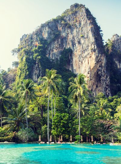 swimming pool at thailand touristic resort beach