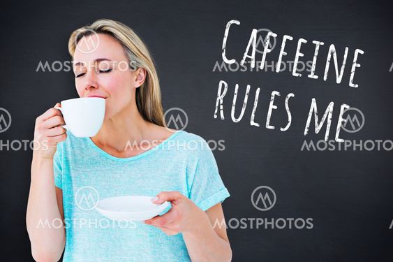 Composite image of peaceful blonde drinking hot beverage with eyes closed