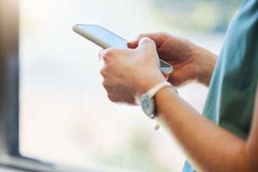 Typing, phone and hands of business person for...