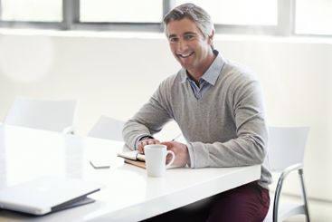 Portrait, notebook and smile with business man in office...