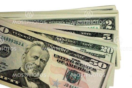 Two, five twenty and fifty dollars isolate on the white background