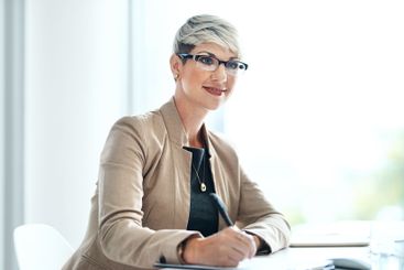 Business, thinking and woman in office, writing notes...