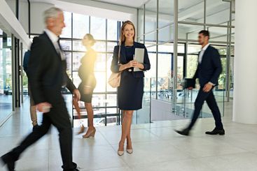 Business people, tablet and portrait of woman in office...
