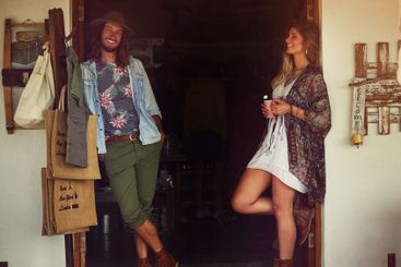 Outdoor, tourism and couple with coffee shop, business...