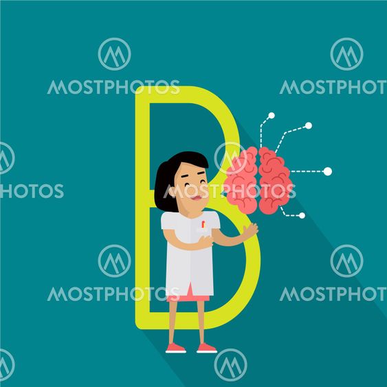 B Letter and Scientist with Artificial Brain.