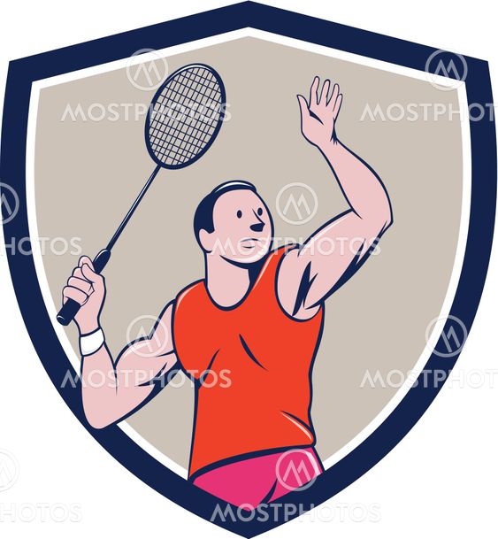 Badminton Player Racquet Striking Crest Cartoon