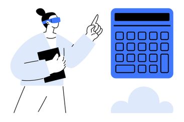 Woman presenting digital calculator concept with...