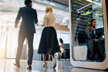 Lobby, talking and business people in office walking for...