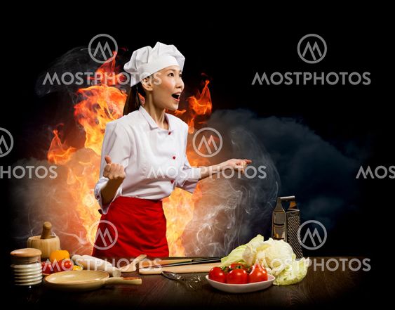 Asian woman furious cook, collage
