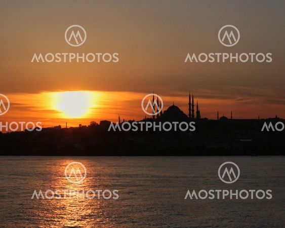 Sunset over Istanbul, Turkey, with the Blue Mosque silhouetted