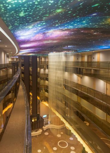Interior of a luxury hotel lobby in the evening