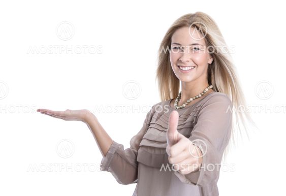 Isolated teenager thumbs up and presenting with palm.
