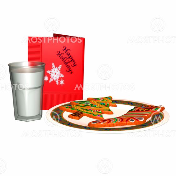 Christmas card, glass of milk and plate of gingerbread cookies