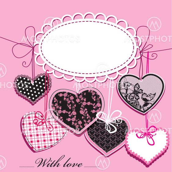holiday background with black and pink ornamental hearts and oval frame for your text