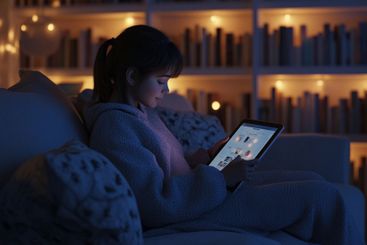 Student enjoys a quiet evening on a couch, focused on a...