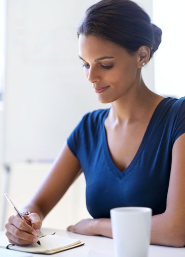 Writing, notebook and planning with business woman in...