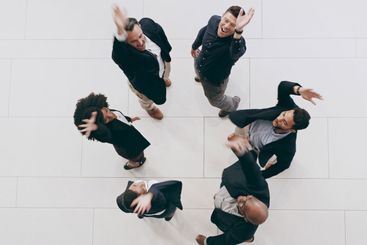 Business, circle and people with celebration in office...