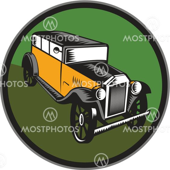 Vintage Car Hi Angle Circle Woodcut
