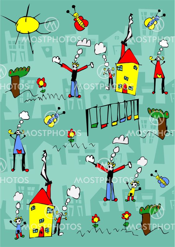 Child drawing of a happy family enjoy outdoors