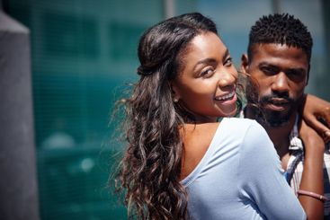 Love, portrait and black couple together outdoor with...