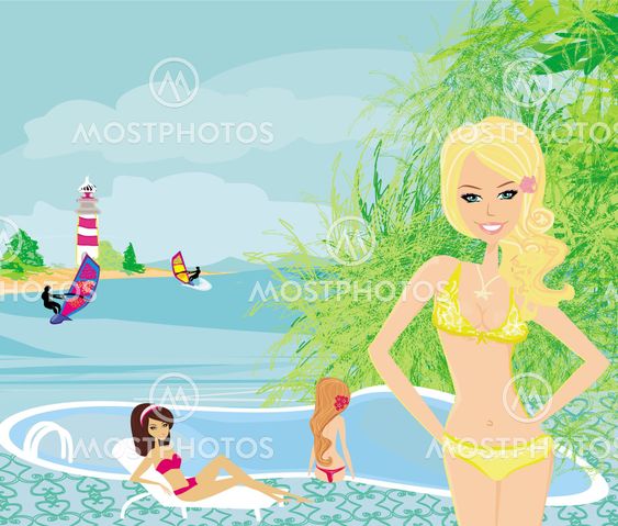 girls and tropical pool