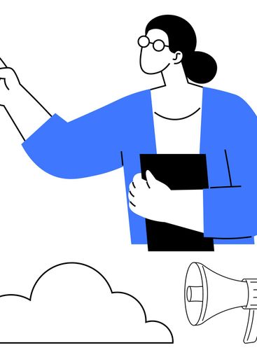 Woman presenting an idea with a notebook, cloud, and...