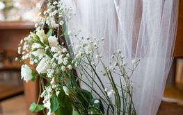 Wedding chairs decorated with white tulle and flowers