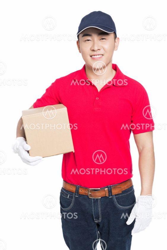 delivery man carrying cardboard box
