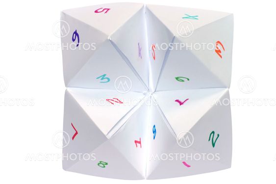 A childs cootie catcher with colorful numbers