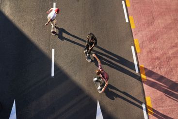 Group, skating and friends with skateboard, sport and...