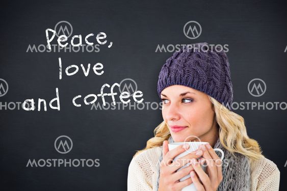 Composite image of pretty blonde in winter fashion holding mug