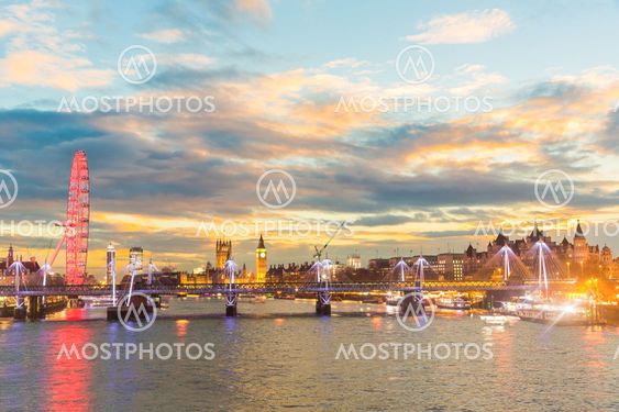 London panoramic view at sunset with illuminated skyline