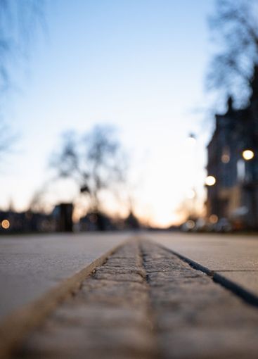 Low-Angle Urban Street at Dusk in Karlstad, Sweden