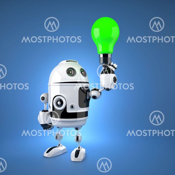 Android robot with green light bulb