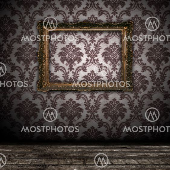vintage grunge wall bacground with empty gold paiting frame