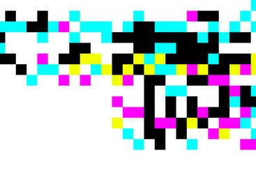 Cyan, magenta, yellow and black pixels scattered on a...