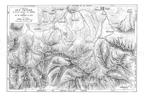 Map of the Tatra Mountain Range, vintage engraving